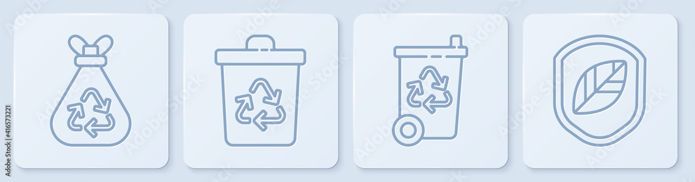 Set line Garbage bag with recycle, Recycle bin and Shield with leaf. White square button. Vector