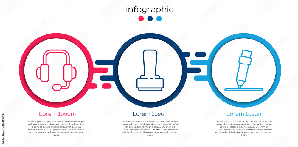 带橡皮擦的耳机、印章和铅笔。商业信息图模板。矢量。