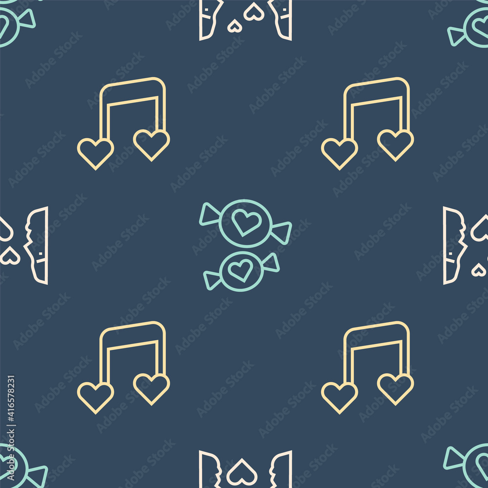 Set line Love at first sight, Music note, tone with hearts and Candy on seamless pattern. Vector.