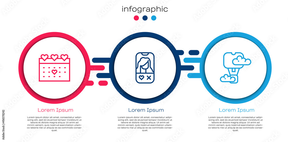 Set line Calendar with heart, Dating app online and Romantic hot air balloon. Business infographic t