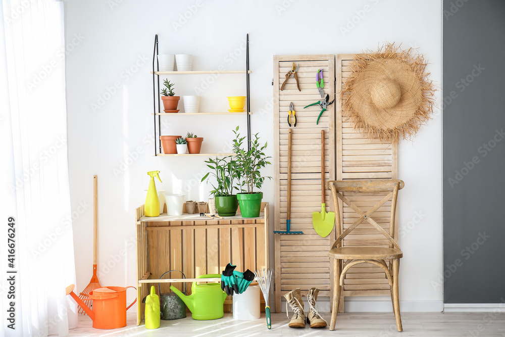 Set of gardening supplies and houseplants in barn