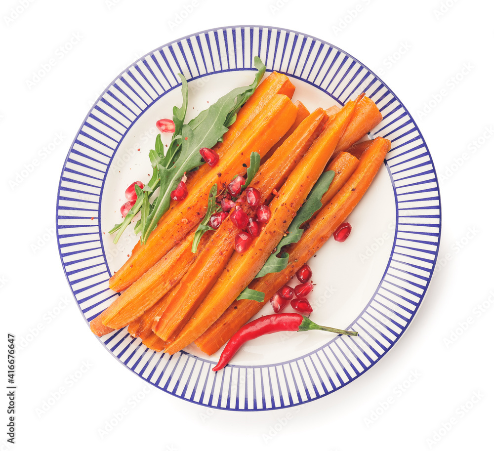 Plate of tasty baked carrot on white background