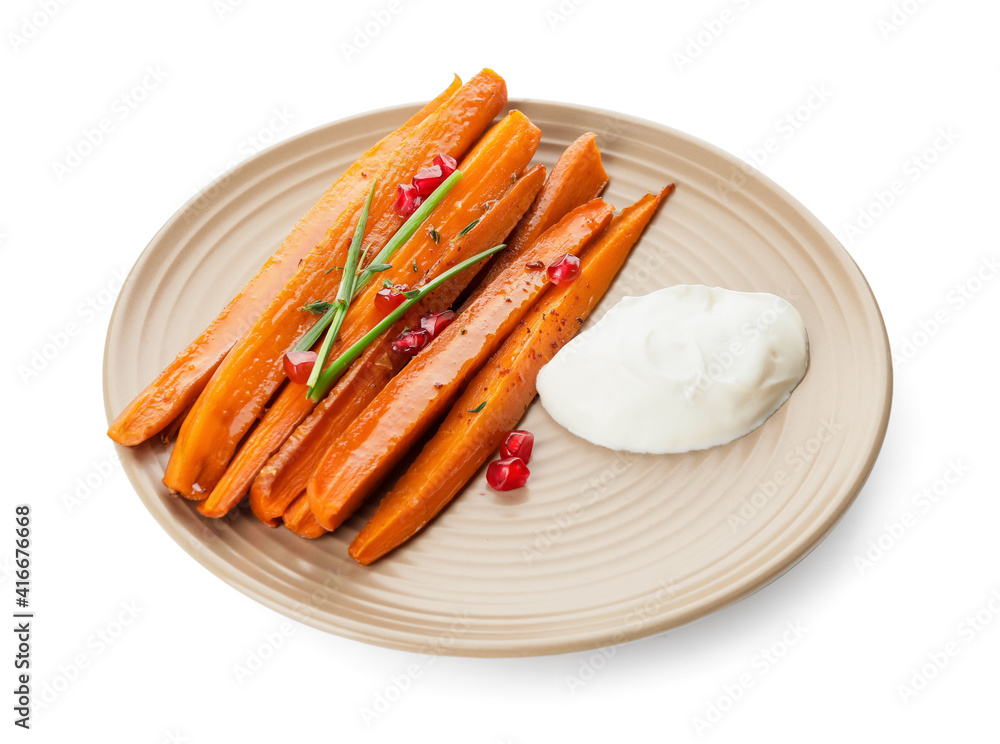 Plate of tasty baked carrot on white background