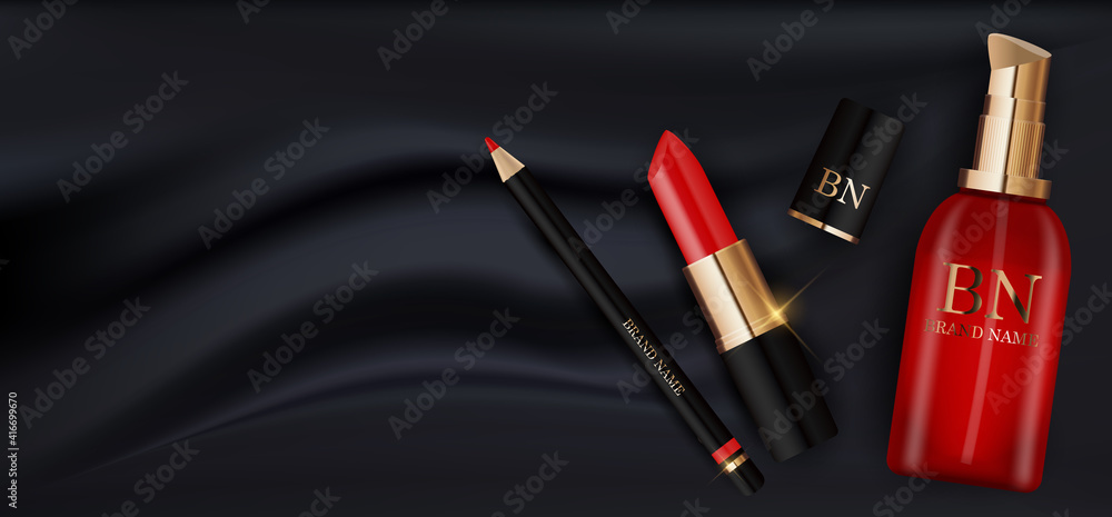 3D Realistic Red Lipstick, Cream Bottle and Pencil on Black Silk Design Template of Fashion Cosmetic