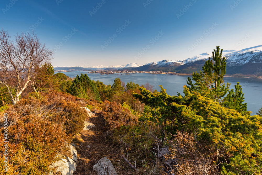 阳光明媚的挪威，美丽的挪威海峡湾景观