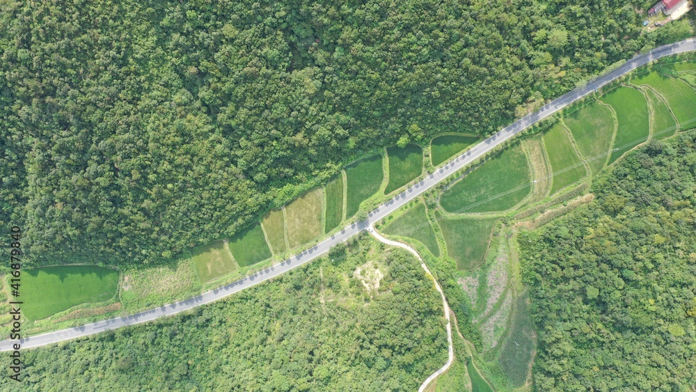 绿色山谷道路鸟瞰图；绿色山景