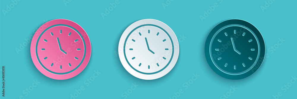 Paper cut Clock icon isolated on blue background. Time symbol. Paper art style. Vector Illustration.