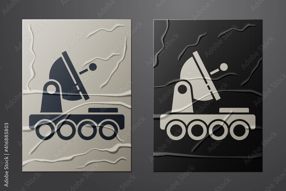 White Mars rover icon isolated on crumpled paper background. Space rover. Moonwalker sign. Apparatus