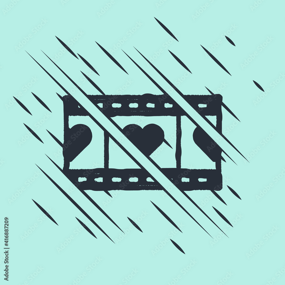 Black Play Video with heart icon isolated on green background. Film strip sign. Glitch style. Vector