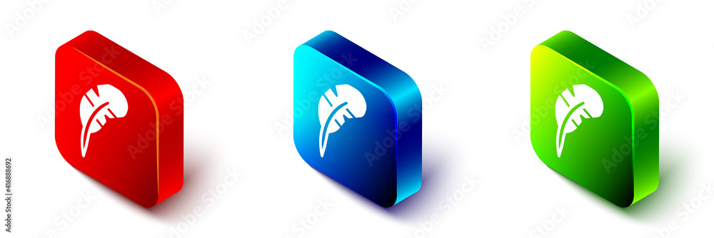 Isometric Feather pen icon isolated on white background. Red, blue and green square button. Vector.