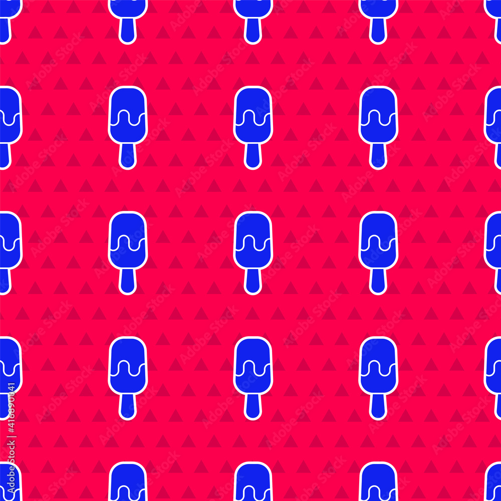 Blue Ice cream on stick icon isolated seamless pattern on red background. Sweet symbol. Vector.