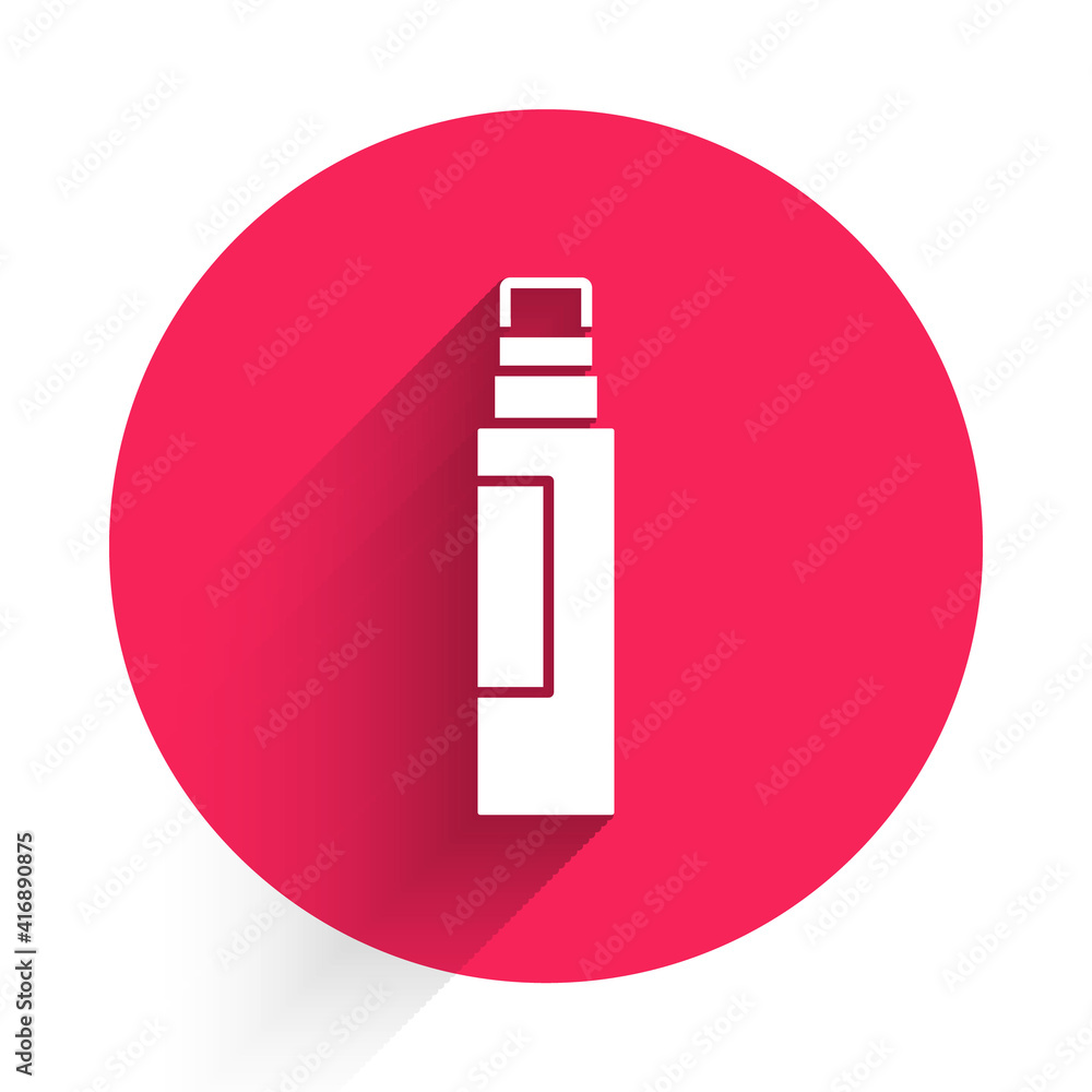 White Marker pen icon isolated with long shadow. Red circle button. Vector.