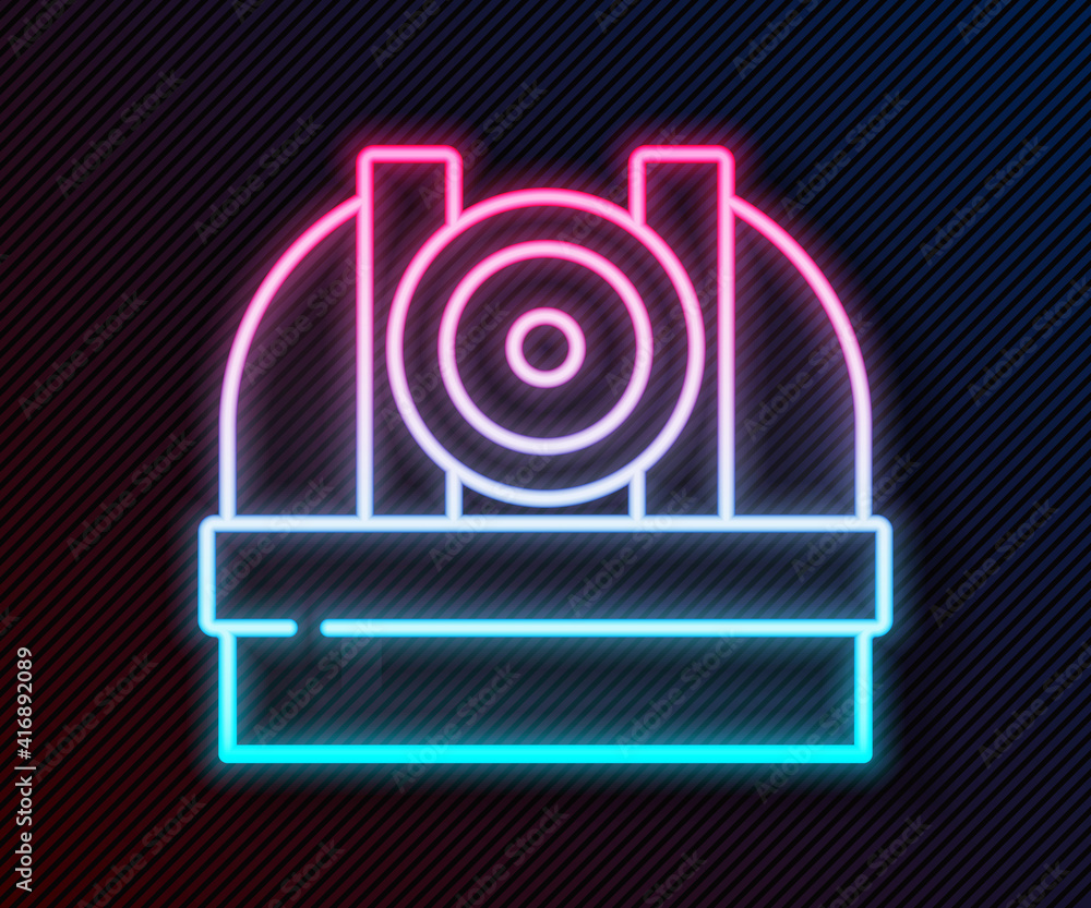 Glowing neon line Astronomical observatory icon isolated on black background. Observatory with a tel