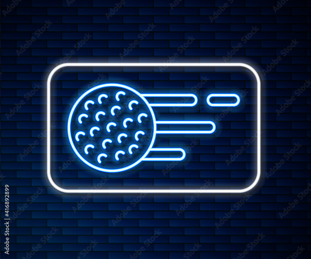 Glowing neon line Golf ball icon isolated on brick wall background. Vector.