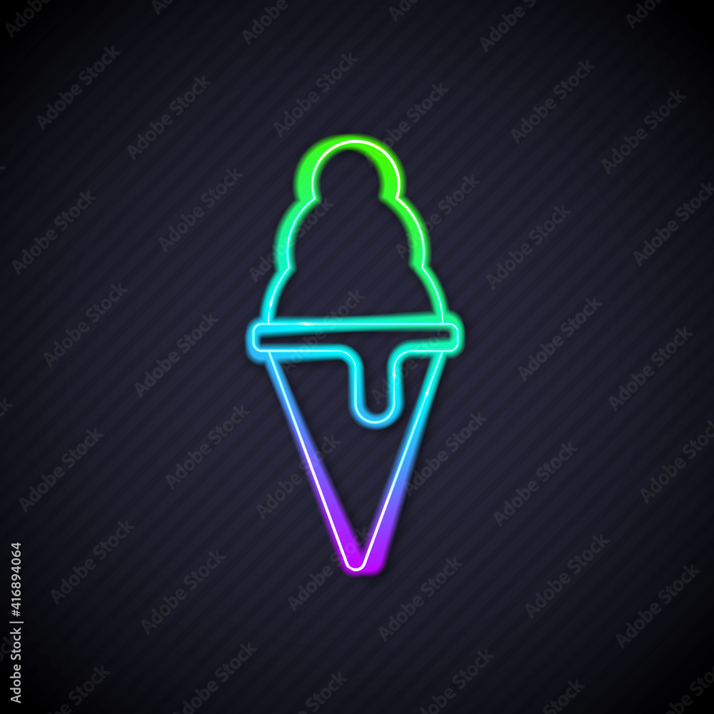 Glowing neon line Ice cream in waffle cone icon isolated on black background. Sweet symbol. Vector.