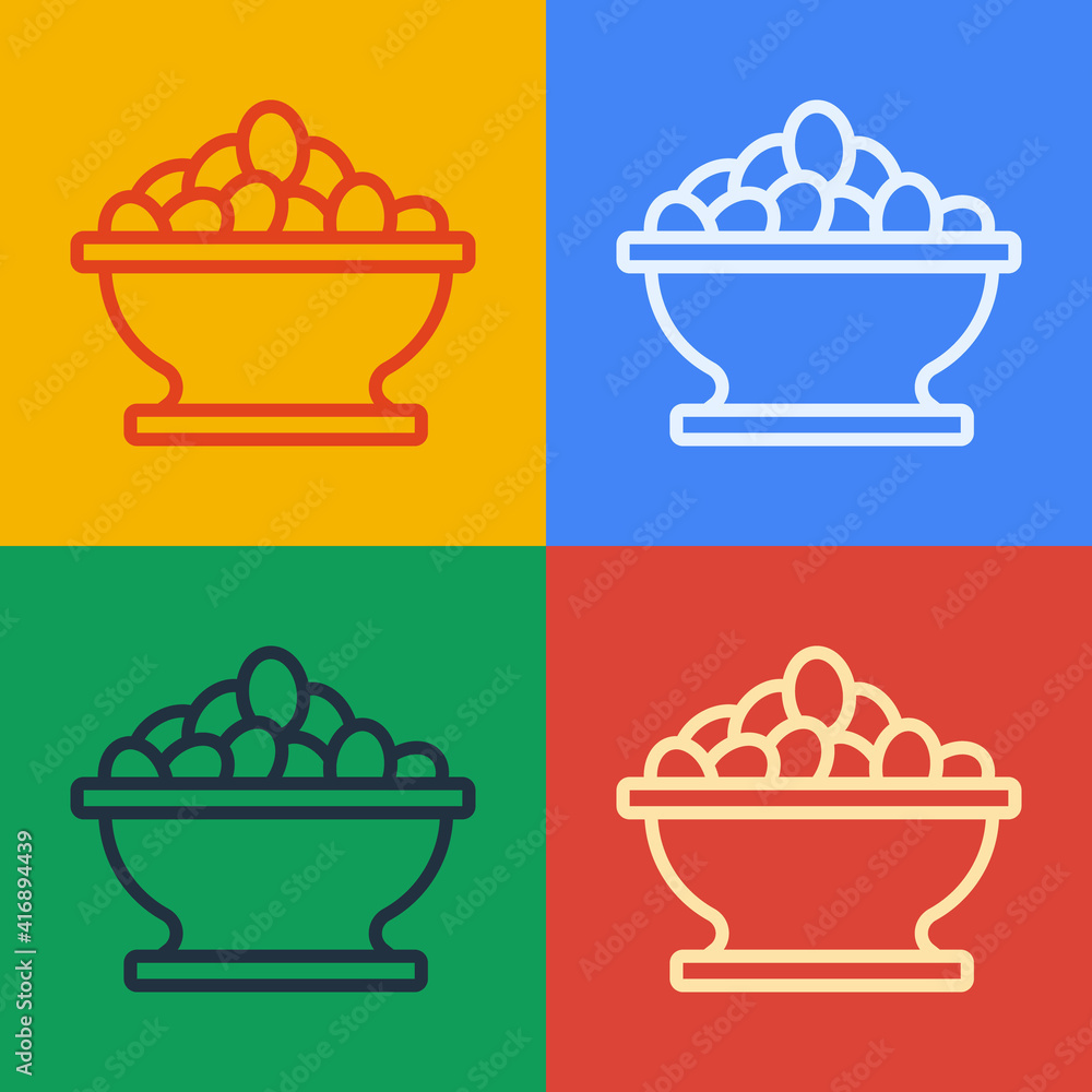 Pop art line Olives in bowl icon isolated on color background. Vector.