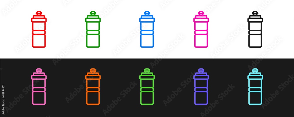 Set line Sport bottle with water icon isolated on black and white background. Vector.