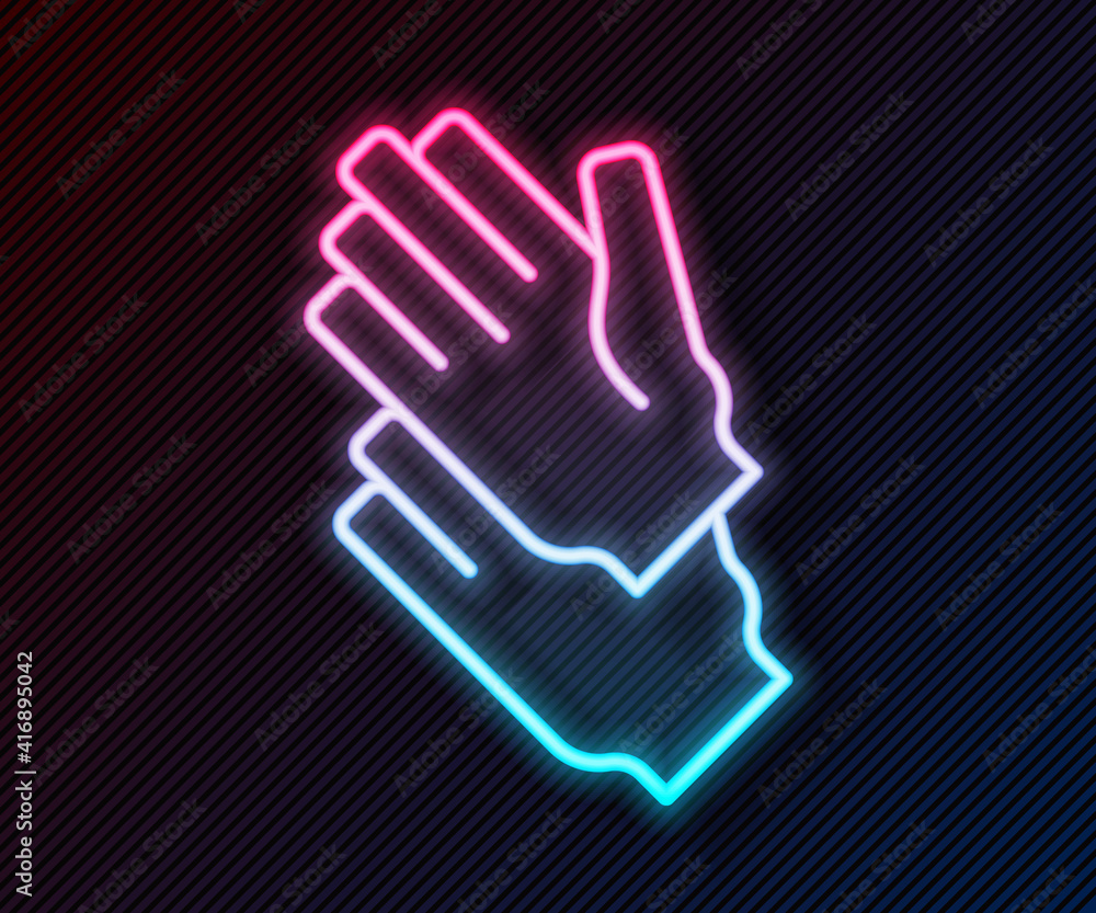 Glowing neon line Rubber gloves icon isolated on black background. Latex hand protection sign. House