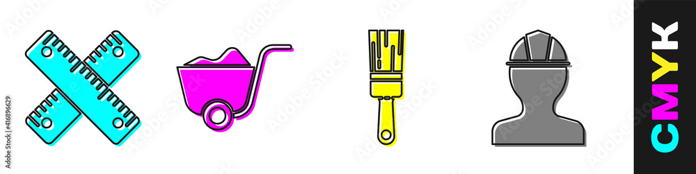 设置十字尺、铲子、油漆刷和工人安全帽图标。矢量。