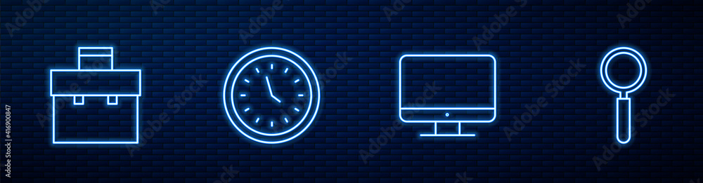 Set line Computer monitor screen, Briefcase, Clock and Magnifying glass. Glowing neon icon on brick 