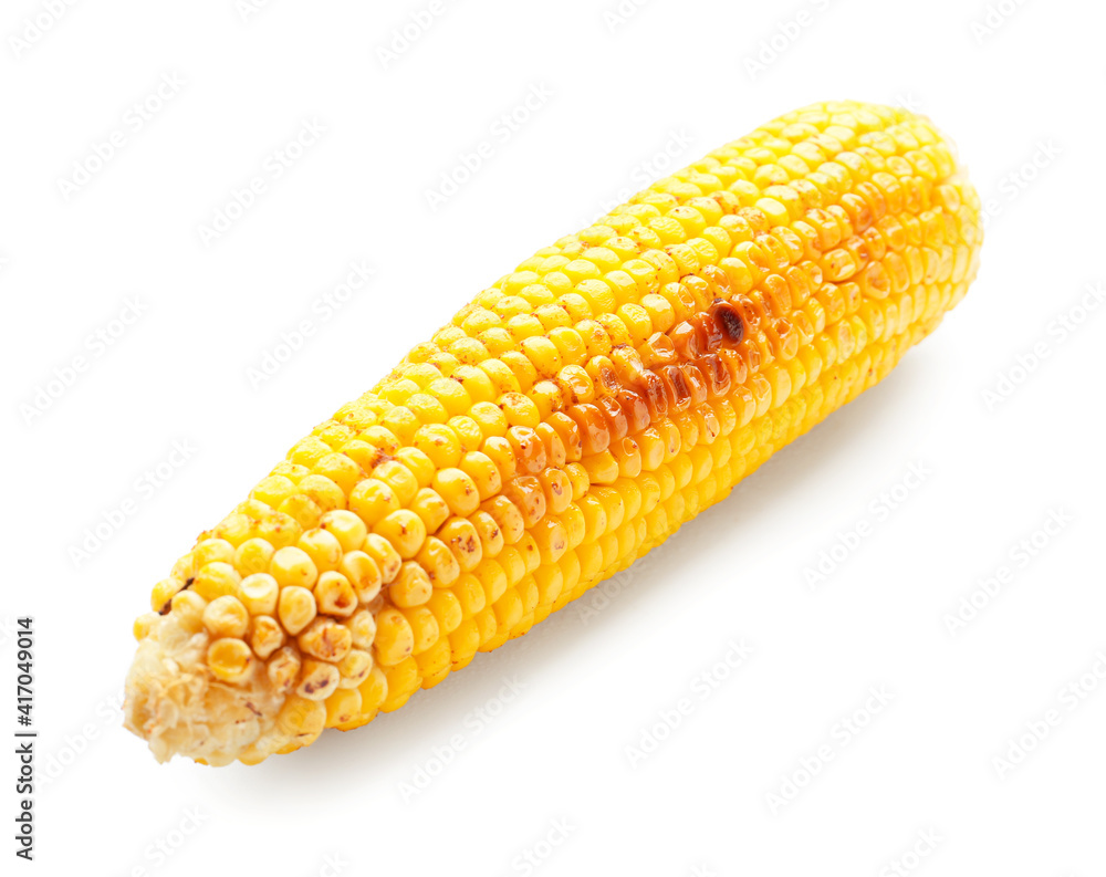 Tasty grilled corn cob on white background