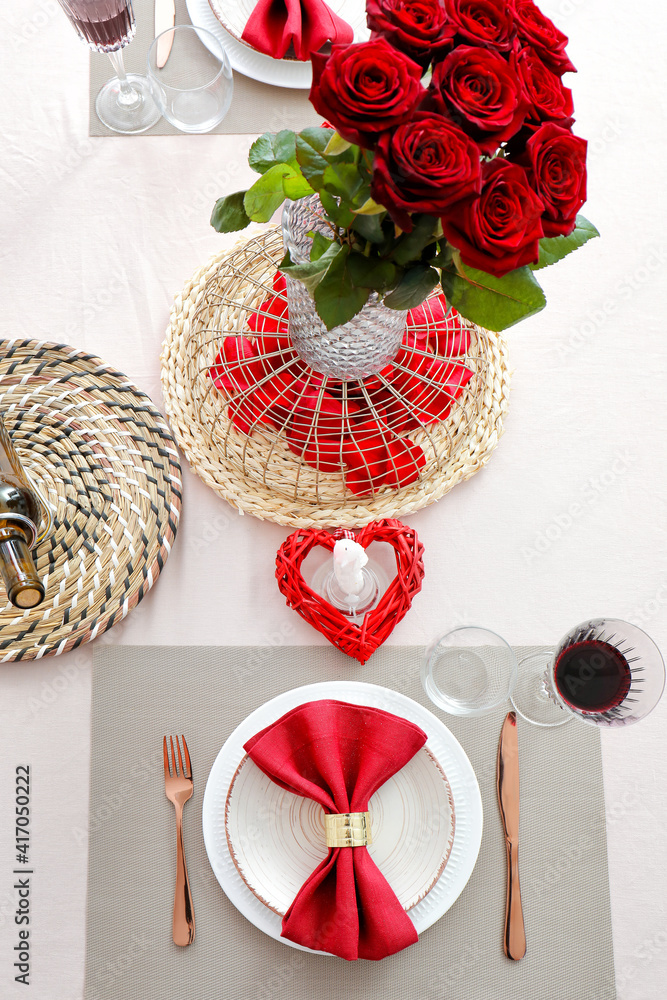 Festive table setting for Valentines Day celebration