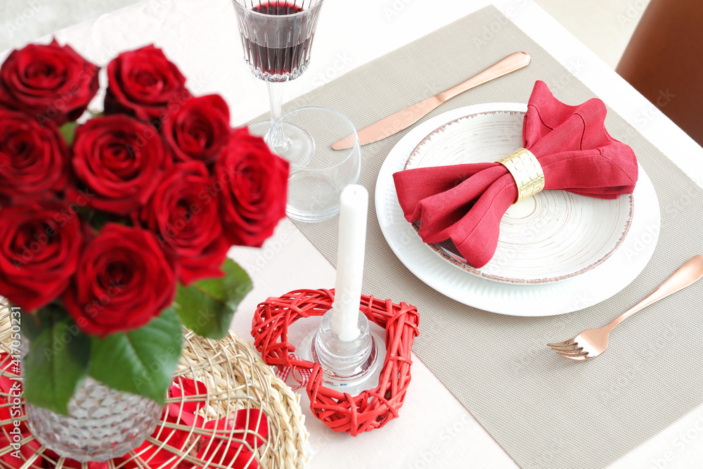 Festive table setting for Valentines Day celebration