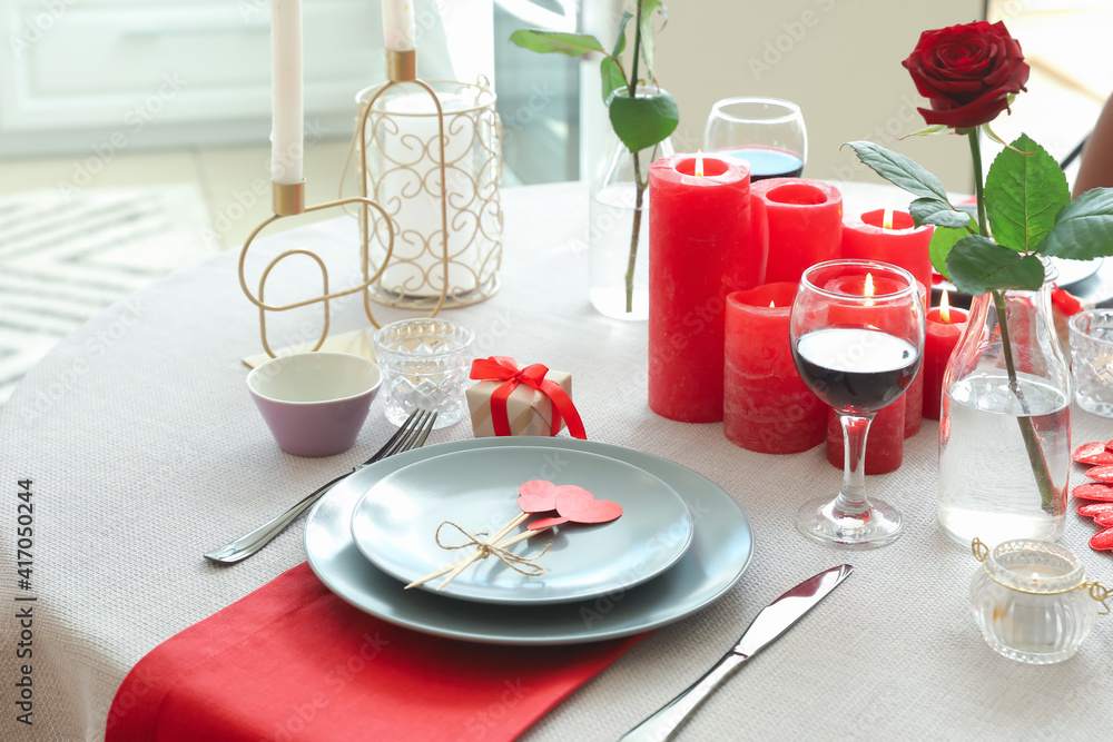 Festive table setting for Valentines Day celebration at home