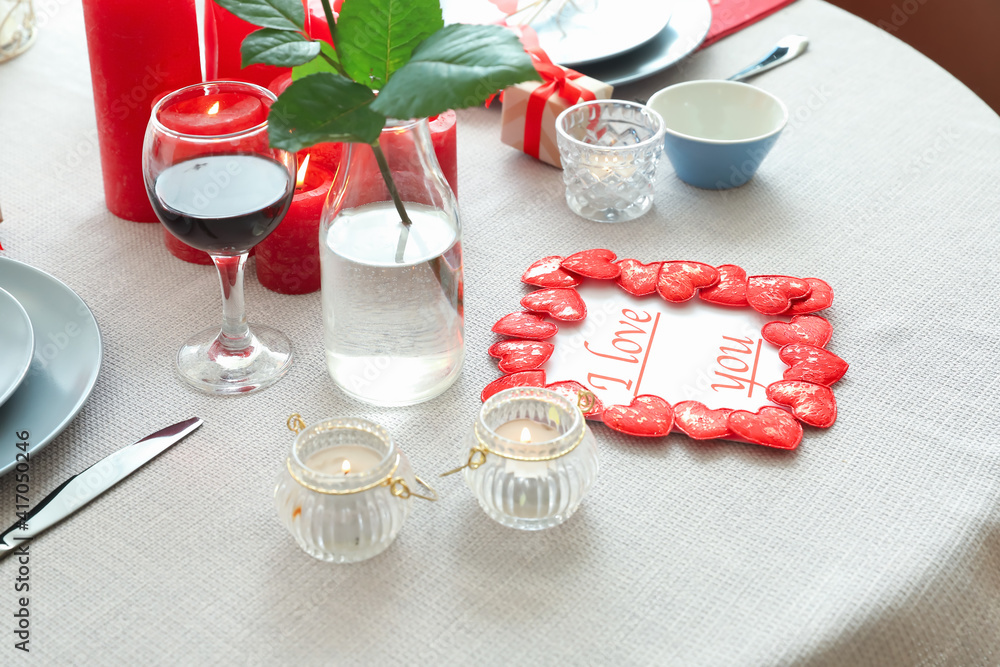 Festive table setting for Valentines Day celebration