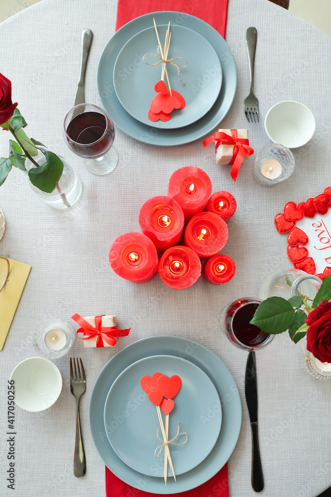 Festive table setting for Valentines Day celebration