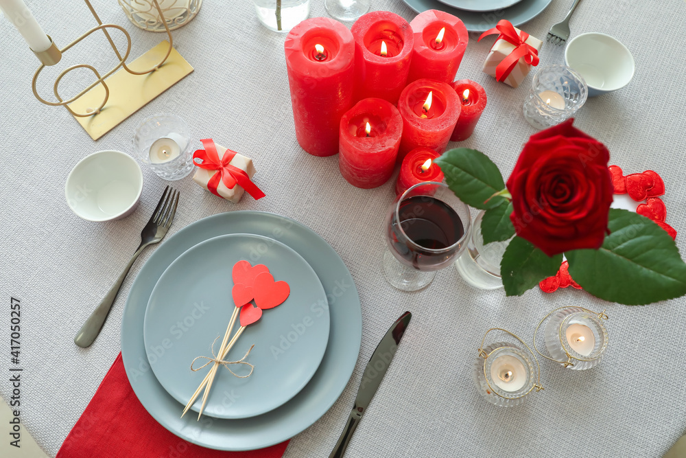 Festive table setting for Valentines Day celebration