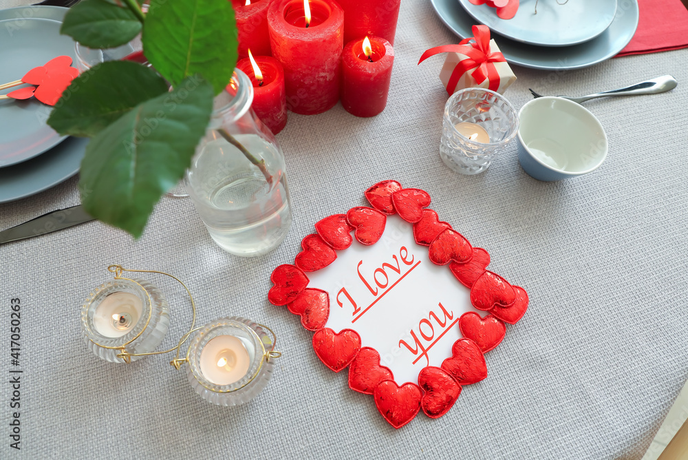 Festive table setting for Valentines Day celebration