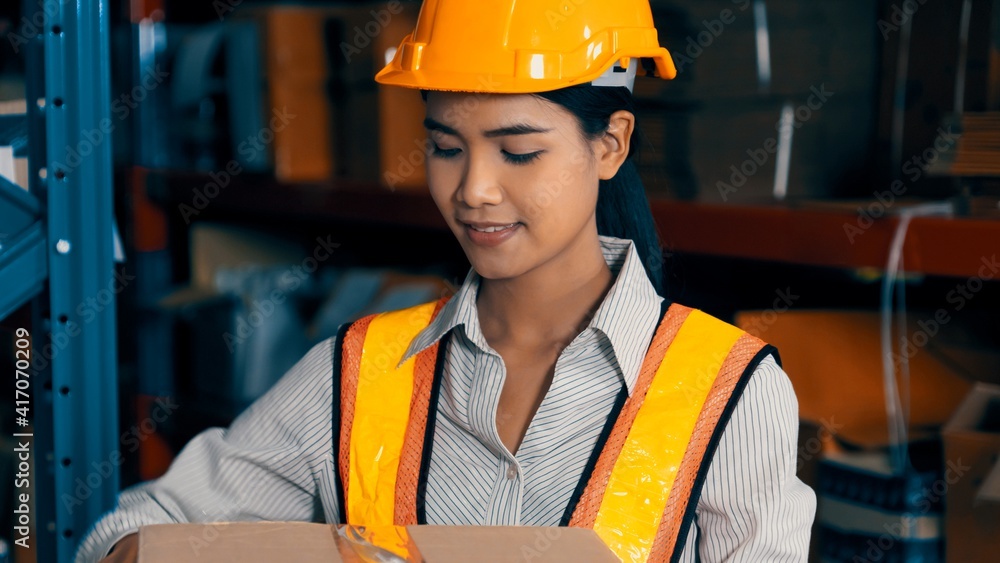 Female warehouse worker working at the storehouse . Logistics , supply chain and warehouse business 