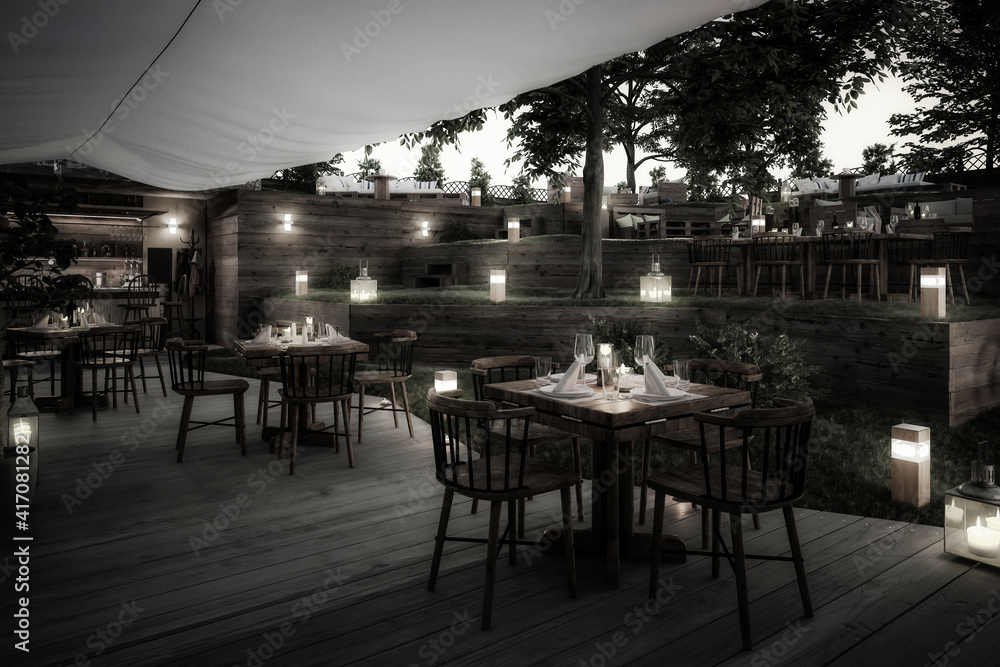 Inside Garden Pub & Restaurant - black and white 3d visualization