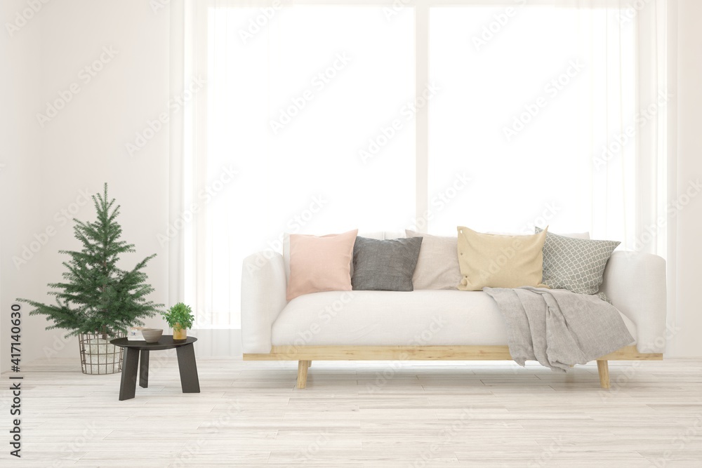 White living room with sofa. Scandinavian interior design. 3D illustration