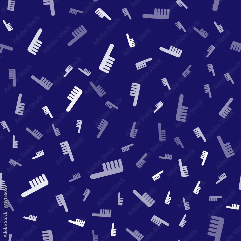 White Hairbrush icon isolated seamless pattern on blue background. Comb hair sign. Barber symbol. Ve