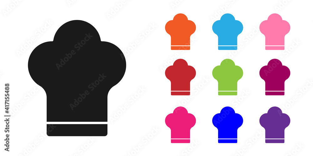 Black Chef hat icon isolated on white background. Cooking symbol. Cooks hat. Set icons colorful. Vec