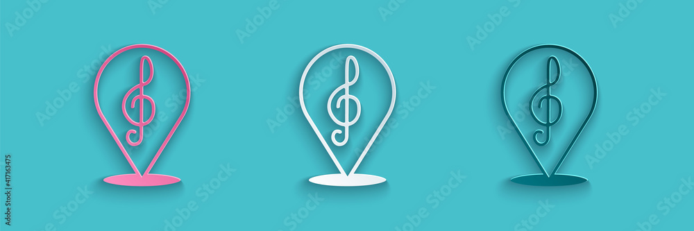 Paper cut Treble clef icon isolated on blue background. Paper art style. Vector.