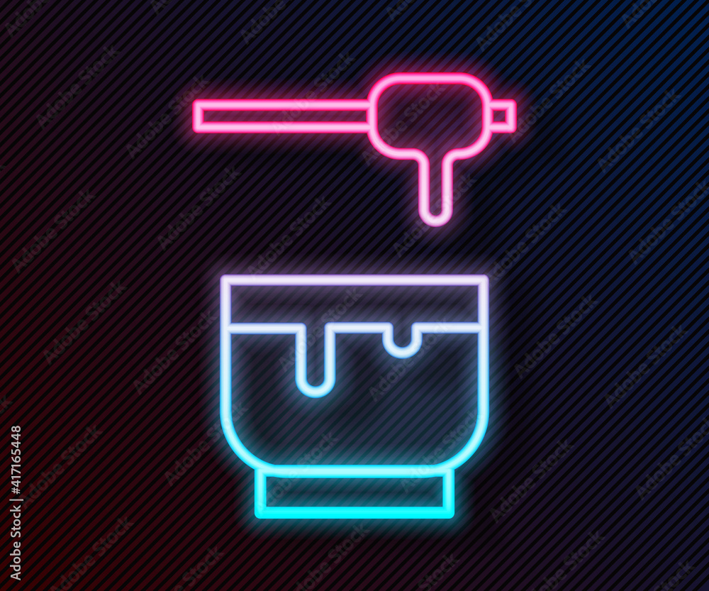 Glowing neon line Honey dipper stick and bowl icon isolated on black background. Honey ladle. Vector