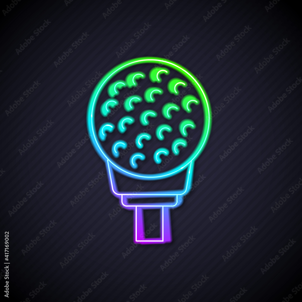 Glowing neon line Golf ball on tee icon isolated on black background. Vector.