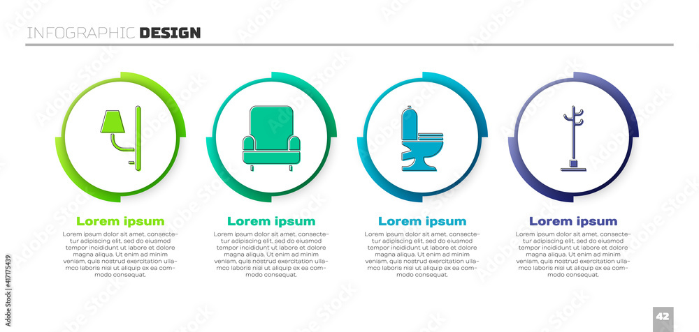 Set Wall sconce, Armchair, Toilet bowl and Coat stand. Business infographic template. Vector.