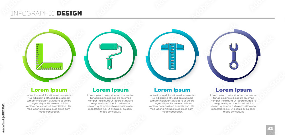 设置角尺、油漆辊刷、T形直角线和扳手。商业信息图模板