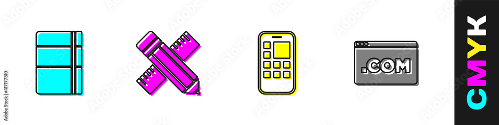 Set Sketchbook or album, Crossed ruler and pencil, Mobile Apps and UI UX design icon. Vector.