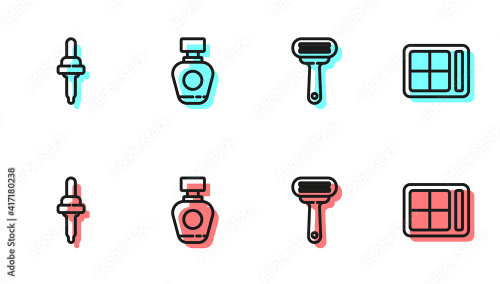 Set line Shaving razor, Pipette, Perfume and Eye shadow palette icon. Vector.