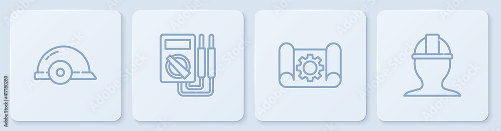 设线工人安全帽、绘图纸和设备、万用表和。白色方形按钮。矢量