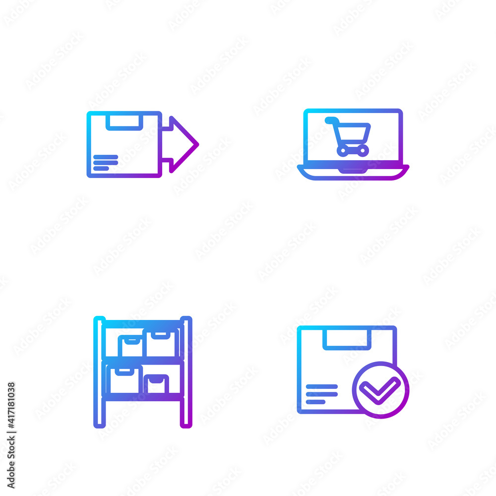 Set line Package box with check mark, Warehouse, Carton cardboard and Shopping cart laptop. Gradient