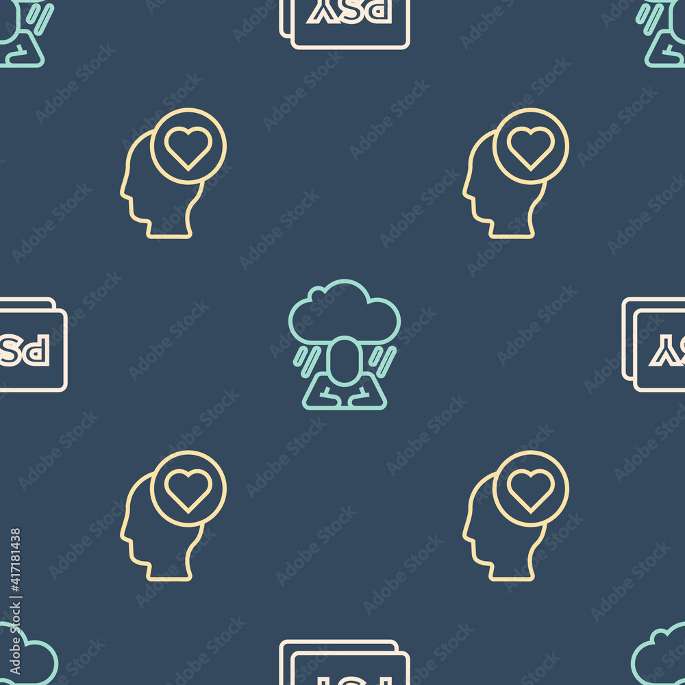 Set line Psychology, Psi, Broken heart or divorce and Depression on seamless pattern. Vector.