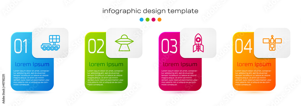 Set line Mars rover, UFO flying spaceship, Rocket and Satellite. Business infographic template. Vect