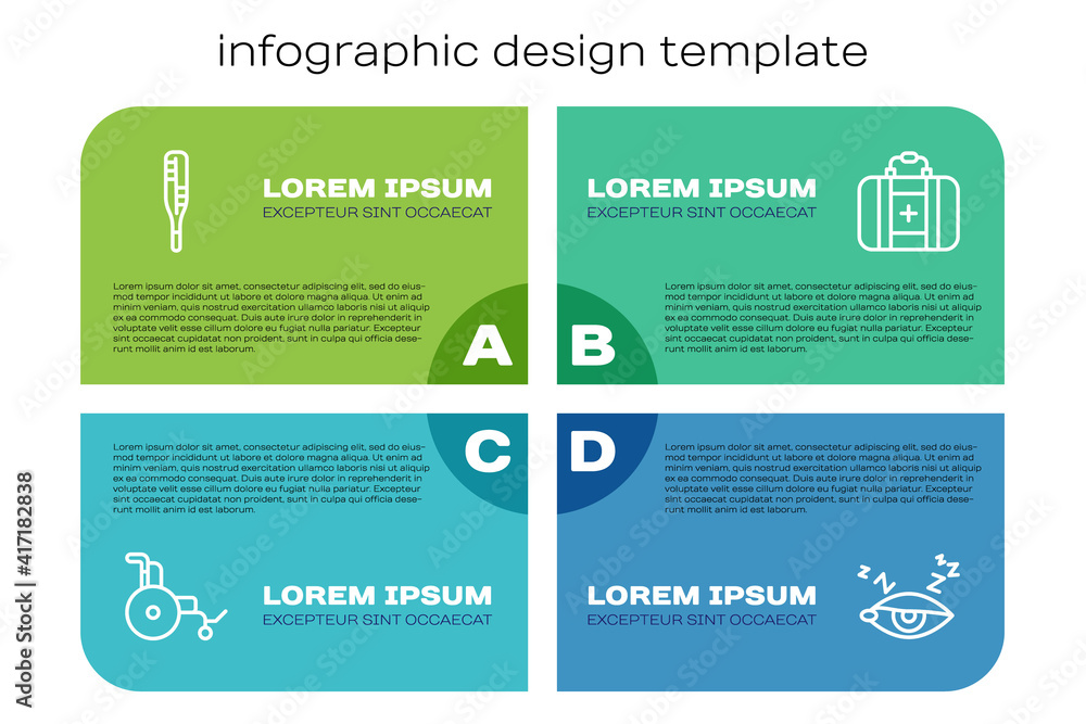 套装轮椅、医用温度计、失眠和急救包。商业信息图模板。
