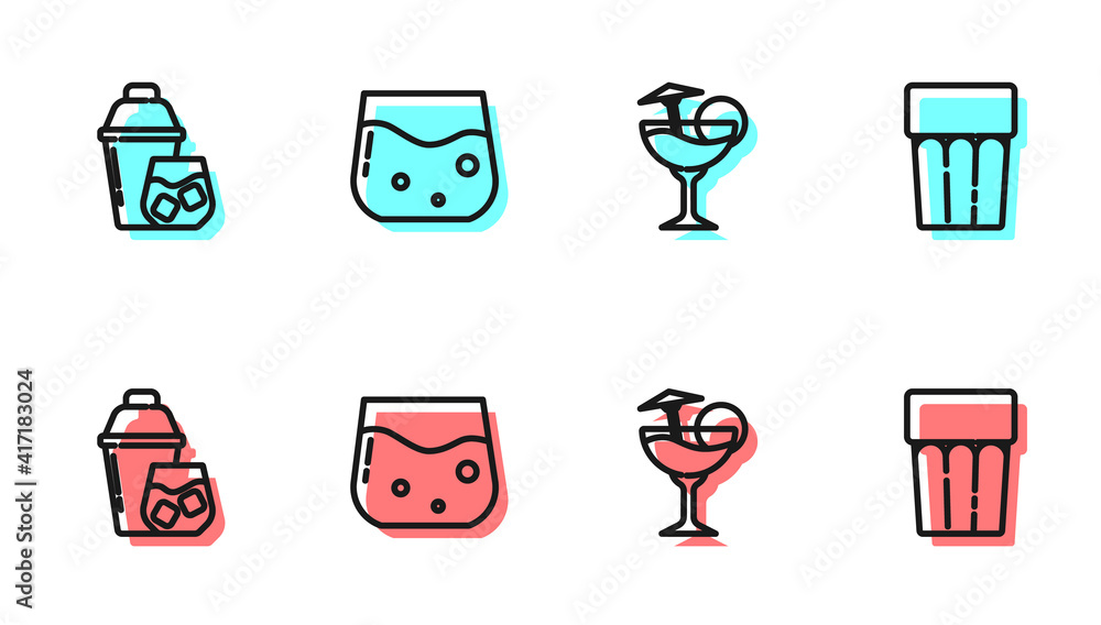 Set line Cocktail, shaker, Glass of whiskey and with water icon. Vector.